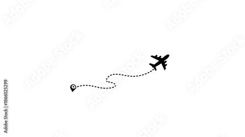 Airplane flying on a dotted line path with a destination pin. Concept of travel journey, flight route, vacation, or adventure.