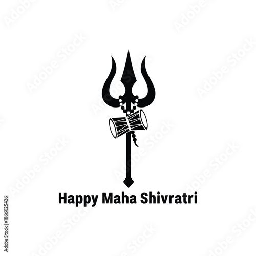 Black silhouette of lord shivas trishul damaru with happy maha shivratri text