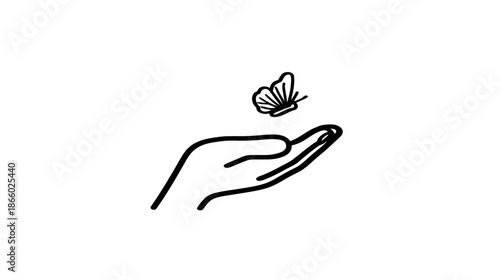 Minimalist black and white line art illustration of a hand with a delicate butterfly, representing nature, freedom, and tenderness.