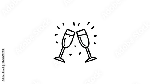 Hand-drawn champagne flutes toasting icon. Minimalist black and white doodle for celebration, party, success, and special occasions.