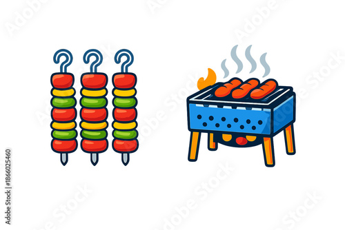 Barbecue grill with sausages and skewers of vegetables on a dark background