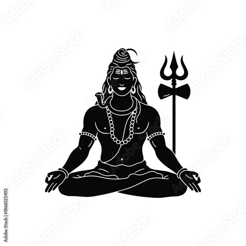Lord shiva meditating in lotus position with trishula weapon, black silhouette vector icon