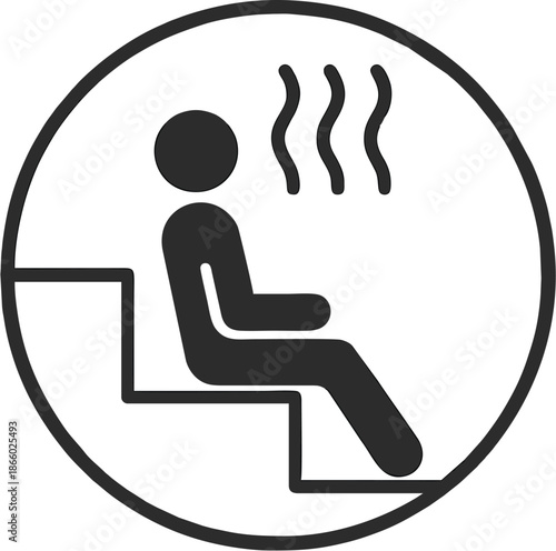 Professional sauna wellness icon featuring a human silhouette sitting on a steam room bench, designed as a scalable circular vector for spa branding, health club signage, and relaxation services.