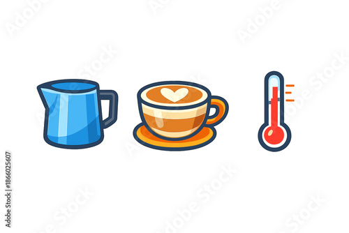 Coffee making icons: pitcher, latte cup, and thermometer