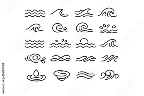 Collection of stylized wave icons and water symbols