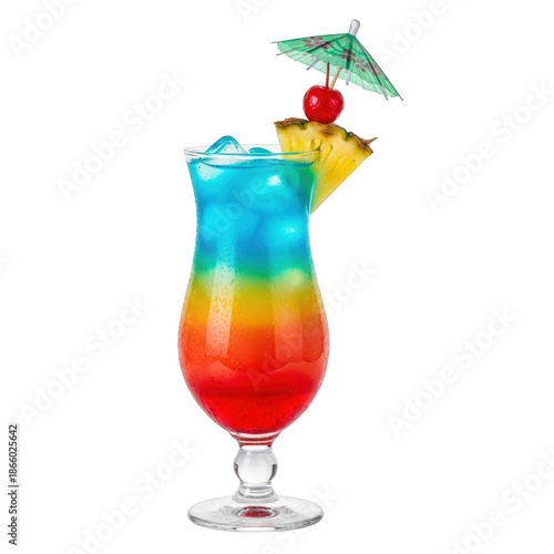 Rainbow layered cocktail with pineapple slice cherry and umbrella on png isolated transparent background black background