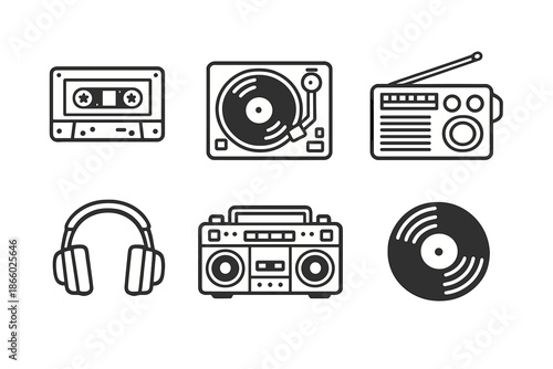 Retro audio equipment flat icons on gray background
