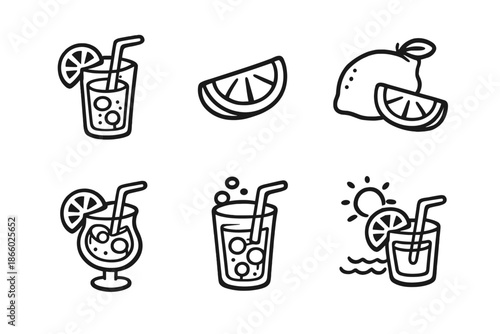 Collection of outline icons related to summer drinks and fruits