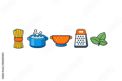 Cooking icons: pasta, pot, colander, grater, basil