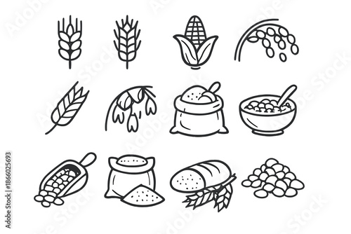 Set of outline icons representing different grains and cereals