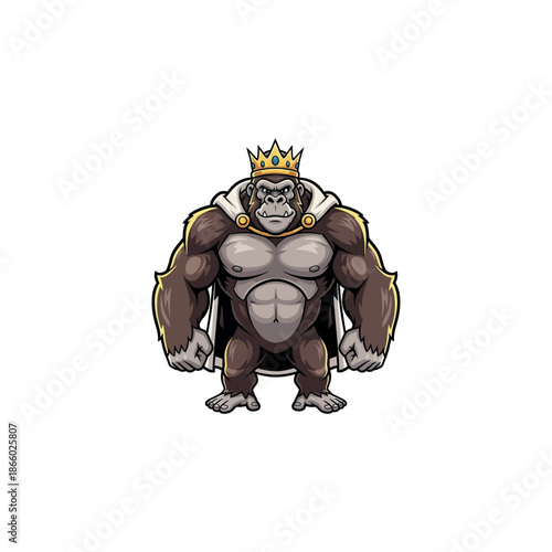 Cartoon gorilla king with crown and cape standing proudly.