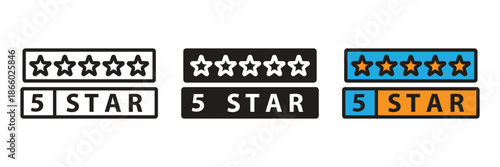 Professional five-star rating icon set featuring outline, glyph, and flat color styles. Perfect for customer reviews, quality feedback, and testimonials.