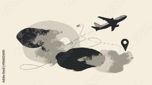 Abstract illustration of an airplane flying a travel route with a destination pin over textured clouds, symbolizing global journey.