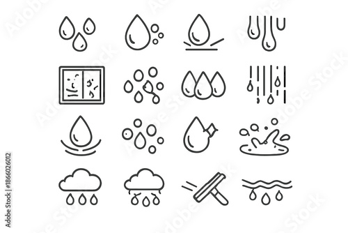 Set of 16 water-related icons on a grey background
