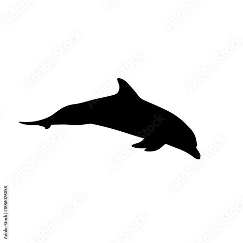 A black silhouette of a dolphin leaping out of the water.