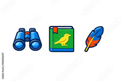 Birdwatching icons: binoculars, field guide, and feather