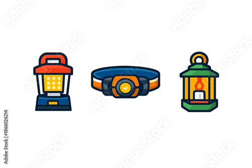 Outdoor lighting icons: LED lantern, headlamp, and camping lantern