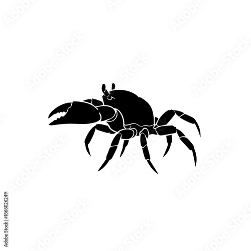 A black silhouette of a crab with its large claw raised, showcasing its segmented body and multiple legs against a white background.