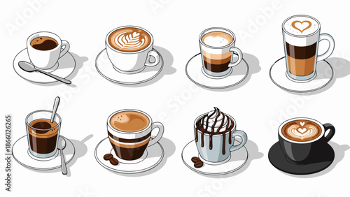 Isometric vector illustration of eight different coffee drinks on saucers
