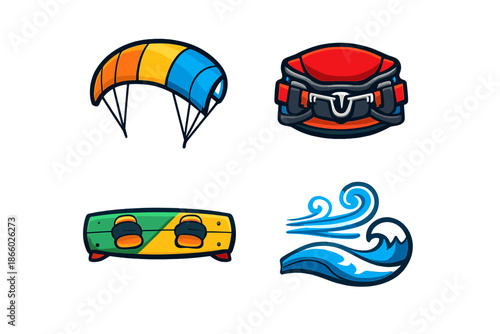 Kitesurfing Equipment and Elements Icons