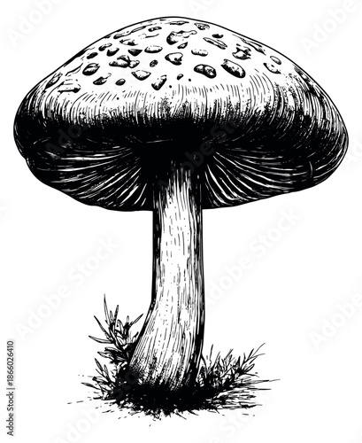 Hand drawn line art illustration of a mushroom depicting textured details for botanical and nature designs
