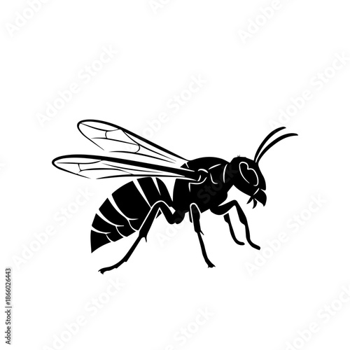 A black silhouette of a wasp with its wings spread, showcasing its segmented body and antennae.