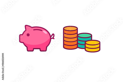 Pink Piggy Bank and Stacks of Coins