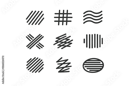 Nine abstract geometric line patterns on a gray background
