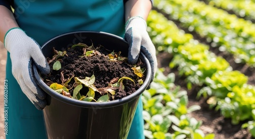 Gardener holds a bucket of nutrient-rich compost, ready to enrich soil for healthy plant growth