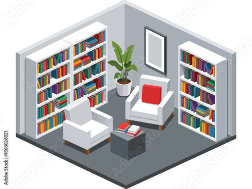 cozy reading nook vector illustration featuring comfortable armchairs and bookshelves filled with books, creating a serene library atmosphere