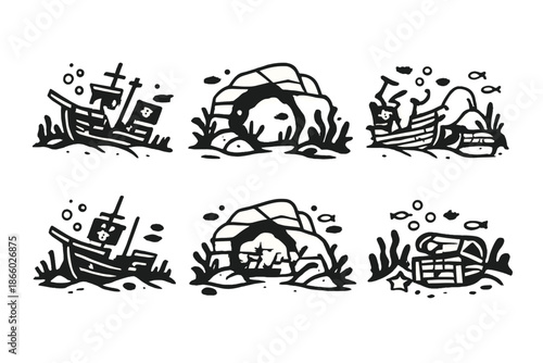 Underwater shipwreck icons with fish and treasure chest