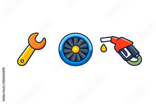 Mechanic, engine, and fuel icons on a gradient background