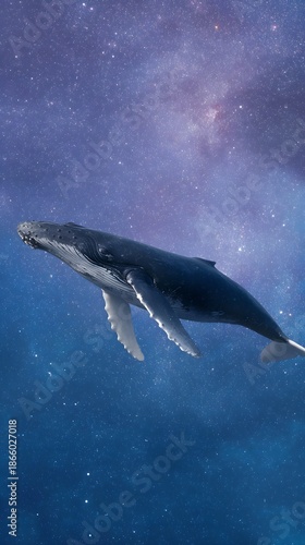 Majestic humpback whale swims through a cosmic ocean under a starry nebula sky