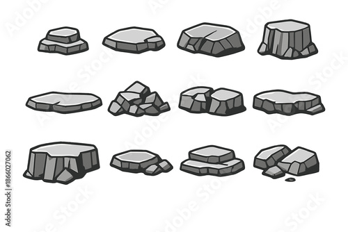 Collection of stylized rocks with a gray background