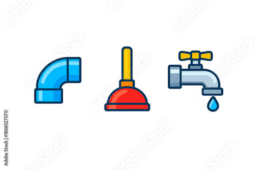 Plumbing icons: pipe, plunger, and faucet with water drop