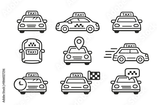 Collection of modern taxi car icons on a dark background