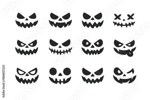 Set of 12 Spooky Halloween Pumpkin Faces on Dark Background