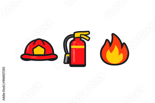 Firefighter helmet, fire extinguisher, and flame icons
