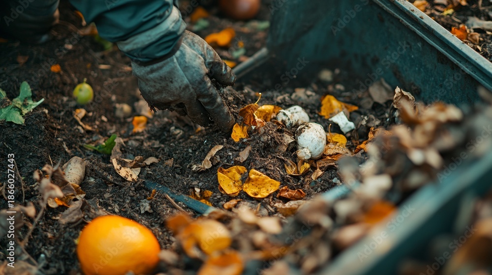 Obraz premium Gardening activity with leafy garden mulch and fresh organic matter