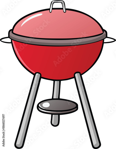 A simple cartoon illustration depicts a classic red barbecue grill with a handle