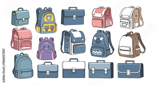 Colorful collection of sketched backpacks in various styles and pastel shades