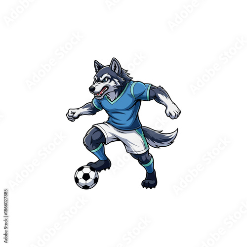 Cartoon wolf playing soccer with a blue jersey and white shorts.