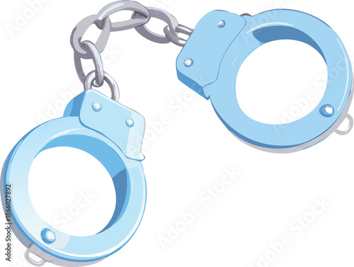 A detailed illustration depicting a pair of light blue metal police handcuffs high quality