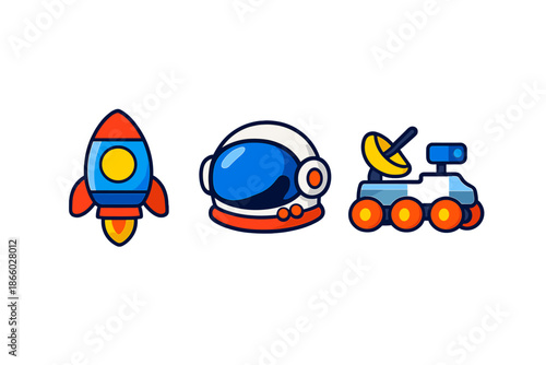 Cute space themed icons: rocket, astronaut helmet, and rover
