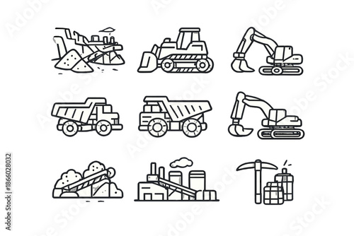 Collection of mining and construction equipment icons