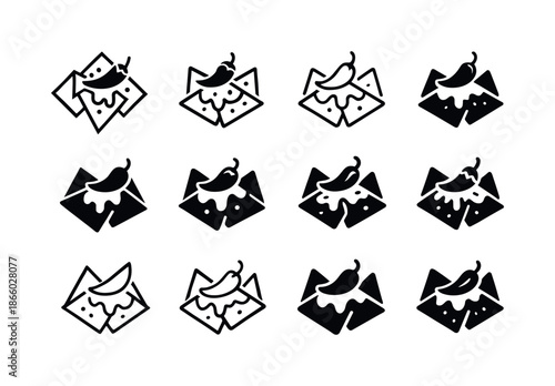 Loaded Nachos Logos. Loaded nachos. Icon set. Set Logo of Loaded nachos: chili pepper garnish. harmonious logo variations of the same emblematic concept, each