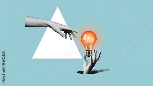 surreal idea concept. surreal conceptual art with a glowing orange lightbulb and reaching hands on a blue background