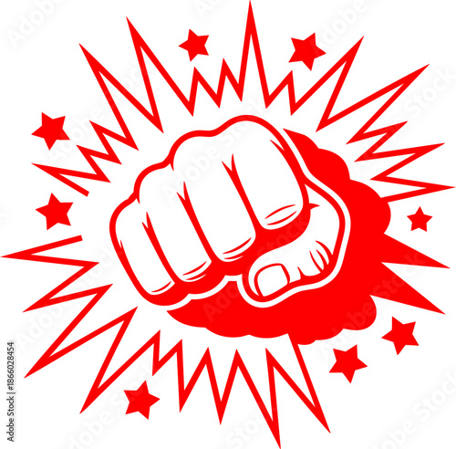 Punch Fist Logo with Burst Lines and Stars in Red Graphic Style