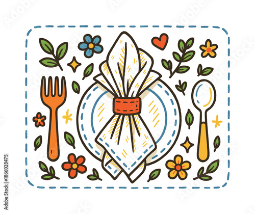 Colorful Napkin Doodle. Napkin Arrangement. Colorful Hand-drawn doodle Children illustration cloth napkin, ring holder, leaves, flowers, hearts, sparkles,