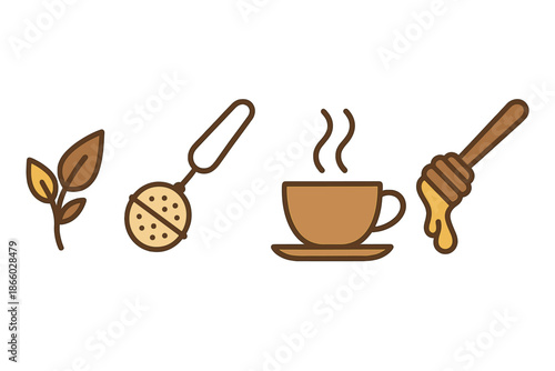 Tea-related icons with tea leaf, tea strainer, hot cup and honey dipper